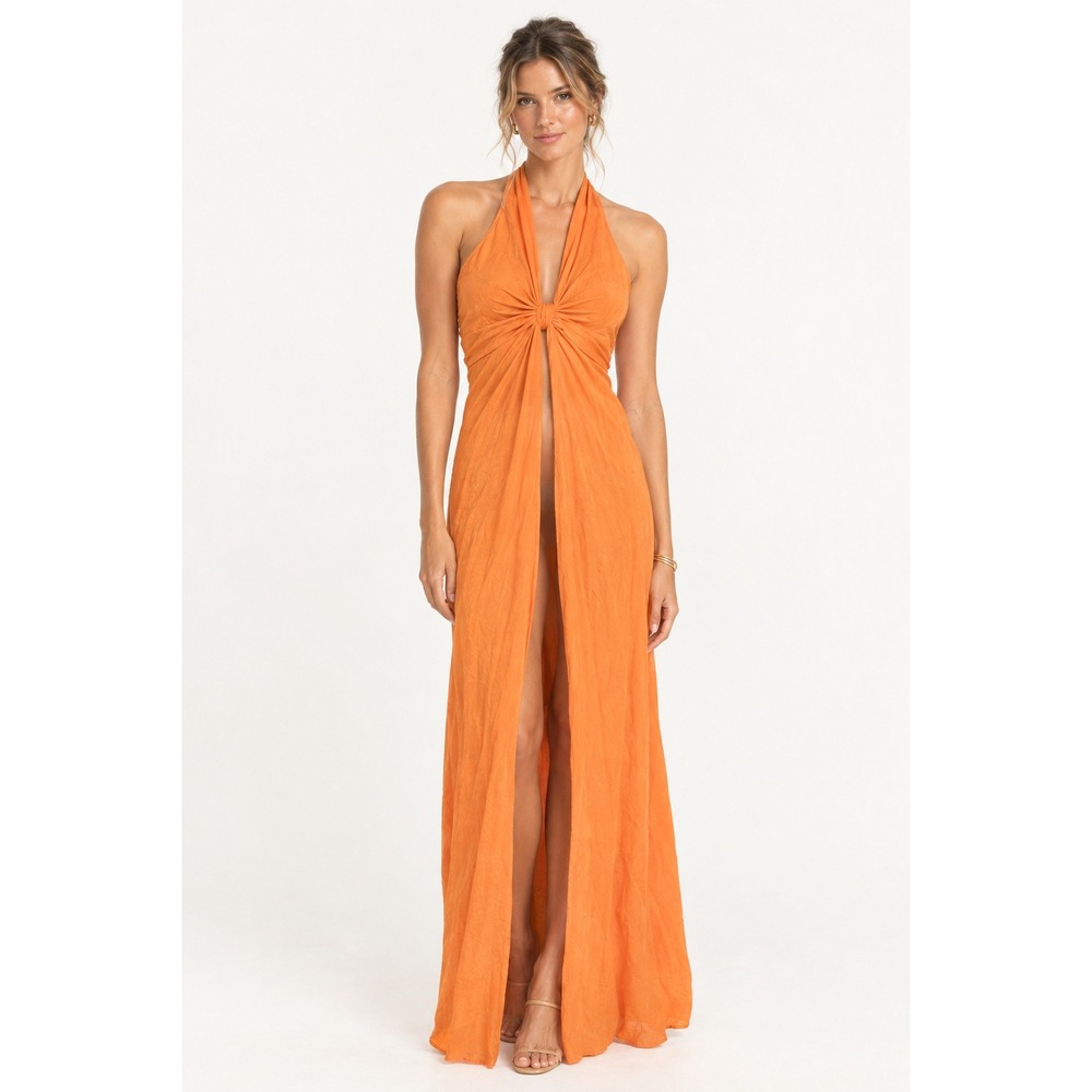 Rat & Boa Maxi Tangerine Orange Halter Dramatic Slit Slinky Party Beach Dress XL